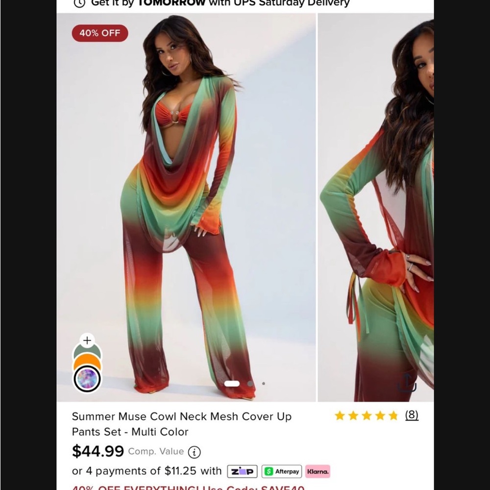 Summer Muse Cowl Neck Mesh Cover Up Pants Set - Multi Color- Medium